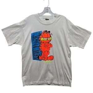 Vintage Single Stitch 80s Garfield New York Cartoon Graphic White Shirt XL #947